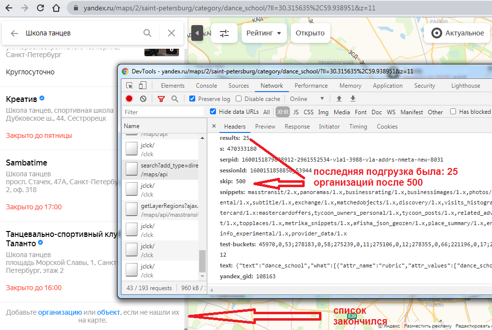Фактически показанное количество школ танцев Петербурга - менее половины